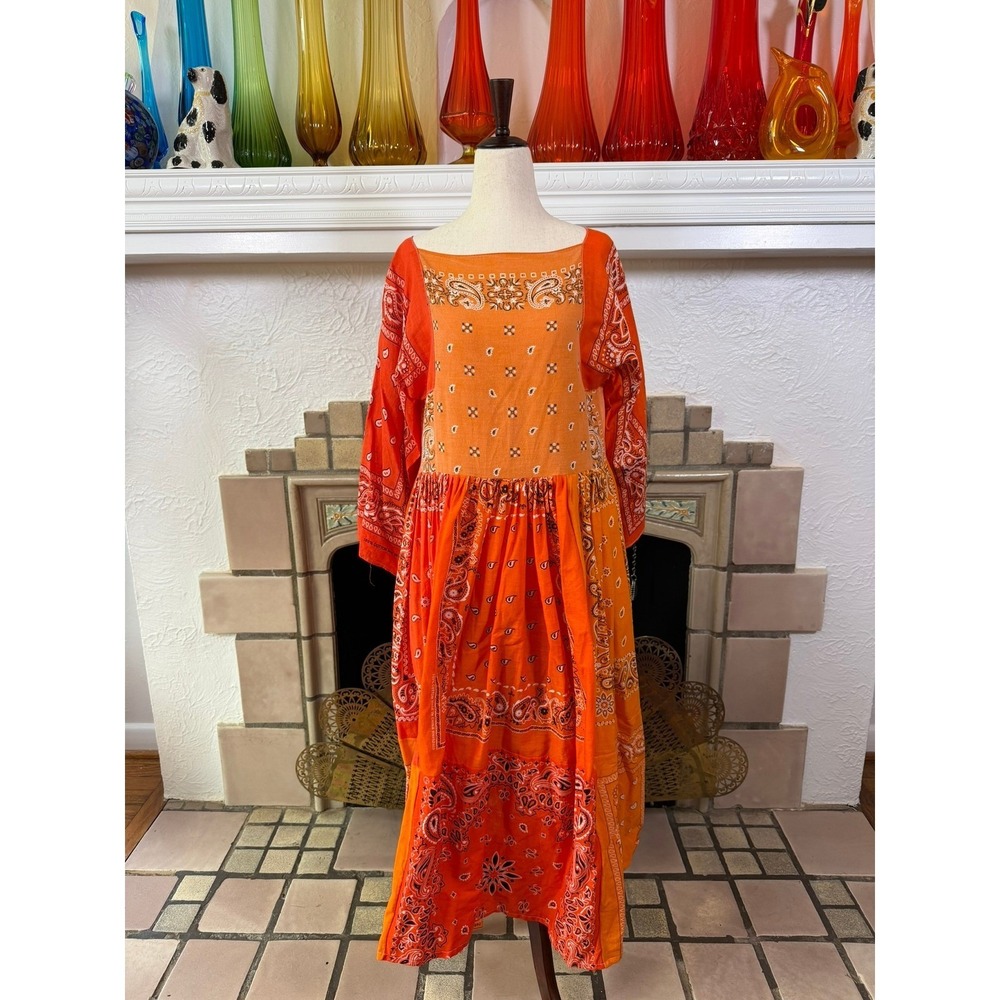 Handmade Orange Bandana Patchwork Midi Dress Bell Sleeve Paisley Boho S/M